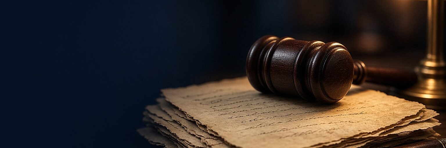 A wooden gavel resting on parchment under warm lamplight