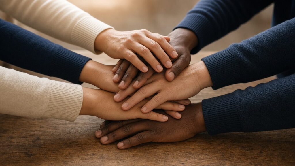 Several hands of different skin tones stacked together in unity on a wooden table